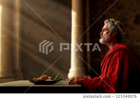 Roman aristocrat sits at wooden table, Caesar salad for breakfast, fusion of modern cuisine with ancient Mediterranean culinary traditions, sunlight from window onto the dining room with Caesar salad 123348876
