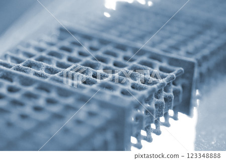 Multi-part model printed on 3D printer from grey polyamide powder. Detailed prototype created on 3D printer from plastic powder. 3D printing powder technology Multi Jet Fusion MJF technology 123348888