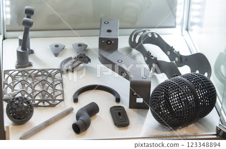 Various object printed on a 3D printer from molten plastic powder. Different model printed on 3D printer from melted black polyamide powder. New additive 3D printing Multi Jet Fusion MJF technology Various object printed on a 3D printer from molten plastic powder. Different model printed on 3D printer from melted black polyamide powder. New additive 3D printing Multi Jet Fusion MJF technology 123348894