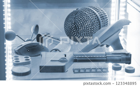 Complex multi-part models printed on 3D printer from grey polyamide powder. Detailed prototype created on 3D printer from plastic powder. 3D printing powder technology. Multi Jet Fusion MJF technology 123348895