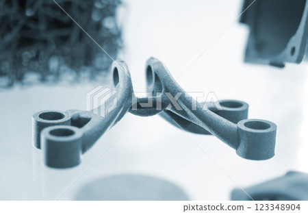 Multi-part model printed on 3D printer from grey polyamide powder. Detailed prototype created on 3D printer from plastic powder. 3D printing powder technology Multi Jet Fusion MJF technology 123348904