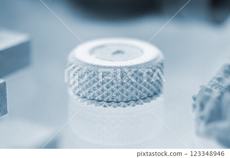 Model printed on 3D printer from grey polyamide powder close-up. Detailed prototype created on 3D printer from plastic powder. 3D printing additive powder technology, Multi Jet Fusion MJF technology 123348946