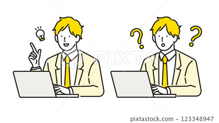 Illustration material: A male business person with a flustered and questioning expression 123348947