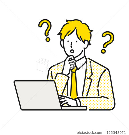 Illustration material: A business man thinking in front of a laptop 123348951