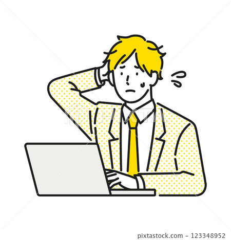 Illustration material: A business man in trouble in front of a laptop 123348952