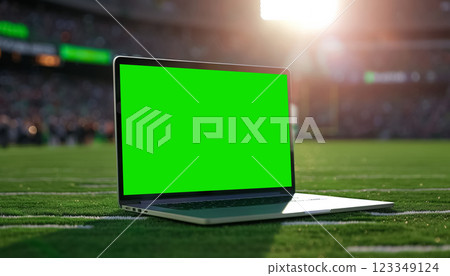 portable laptop with chroma key green screen mockup on green grass of stadium, betting and bookmakers online background, streaming and broadcasting of sport events 123349124