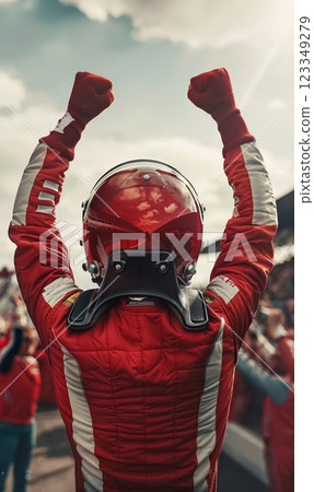 professional formula 1 racing driver pilot in red uniform and helmet celebrating victory, motorsport winner celebrate 123349279