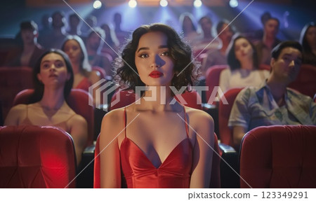 young beautiful woman in red watching movie or spectacle in cinema or theatre 123349291