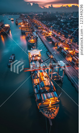 Aerial view of busy shipping port with cargo containers, cranes, and ships, highlighting maritime trade and logistics as vessels navigate through clear waters. 123349296