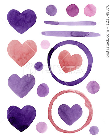 Hand drawn watercolor colorful hearts, circles, lines and dots for your design. Abstract purple and peach elements set Hand drawn watercolor colorful hearts, circles, lines and dots for your design. Abstract purple and peach elements set 123349376