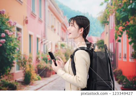 Young woman traveling in a European city 123349427