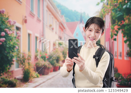 Young woman traveling in a European city 123349429