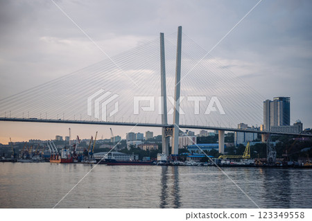 Cable stayed bridge spanning golden horn bay, with bustling port and cityscape of vladivostok in the background, during a vibrant sunset 123349558