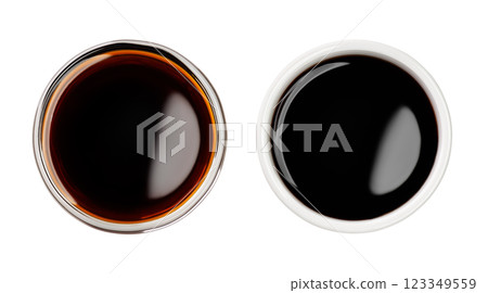 Top view of traditional soy sauces in glass and ceramic bowl isolated on white. File contains clipping path 123349559