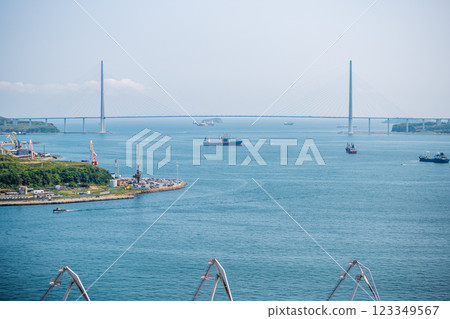Cargo ships navigating eastern bosphorus strait under russky bridge, connecting vladivostok city with russky island 123349567