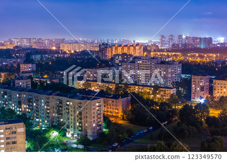 Aerial view of a residential district in kyiv, ukraine, showing illuminated apartment buildings at night Aerial view of a residential district in kyiv, ukraine, showing illuminated apartment buildings at night 123349570