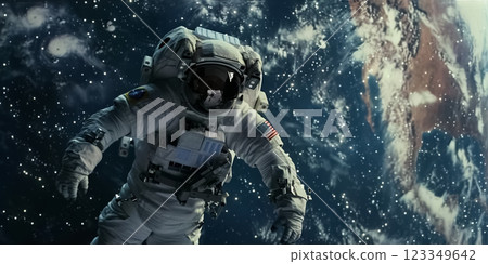 astronaut floating above Earth in outer space, surrounded by stars and the vast cosmos, symbolizing exploration, adventure, and infinite possibilities of space travel 123349642