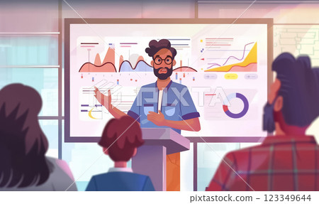 Professional speaker giving business presentation with graphs and charts, discussing data analysis in corporate environment 123349644