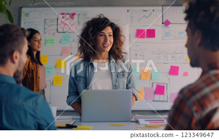 Young woman leads team discussion in casual office setting with sticky notes on whiteboard. Engaged in brainstorming and collaborative work with colleagues and teamwork 123349647