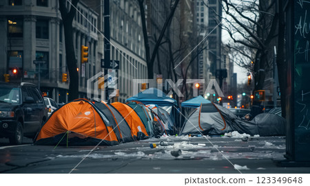 homeless tents line in bustling american city, highlighting homelessness, economic hardship, and social inequality in US and world 123349648