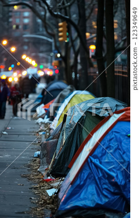 homeless tents line in bustling american city, highlighting homelessness, economic hardship, and social inequality in US and world 123349649