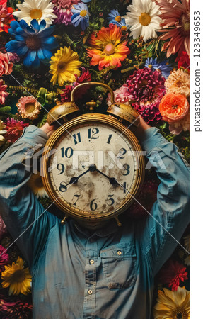 person with alarm clock head, work life balance concept, rest and recreation, connection between time and nature 123349653