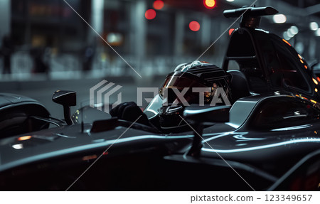 race car driver sitting in sportcar before first lap in safety sport helmet, formula one racing competition concept race car driver sitting in sportcar before first lap in safety sport helmet, formula one racing competition concept 123349657