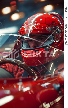 race car driver sitting in sportcar before first lap in red safety sport helmet portrait, racing competition concept 123349678