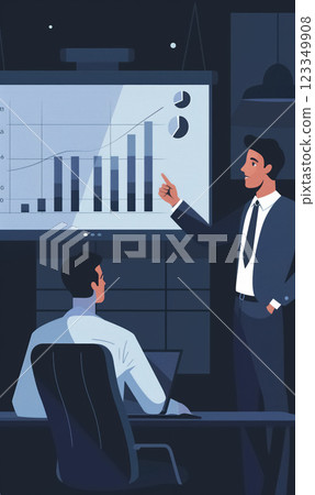 Professional speaker giving business presentation report with graphs and charts, discussing data analysis in corporate environment. Team members are attentively following the visual aids 123349908