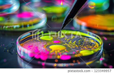 pipette drops vibrant liquid into petri dish, colorful and advanced molecular biology experiment conducted in futuristic research lab 123349957