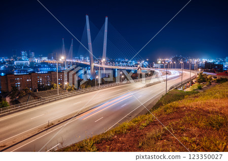 Light trails from cars driving across the bridge over zolotoy rog bay in vladivostok, russia, at night 123350027