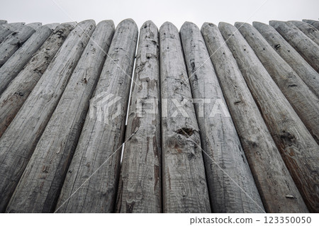 Close up of weathered wooden logs forming a sturdy palisade, providing defense and security in a historical fortification 123350050