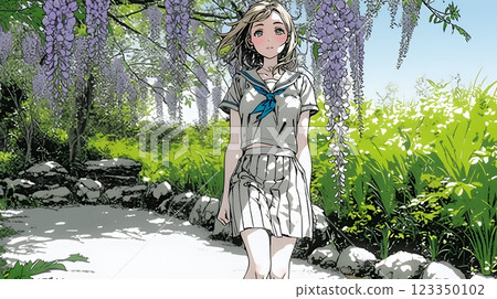 A high school girl walking under wisteria in full bloom 123350102