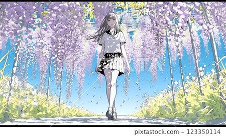 A high school girl walking under wisteria in full bloom 123350114