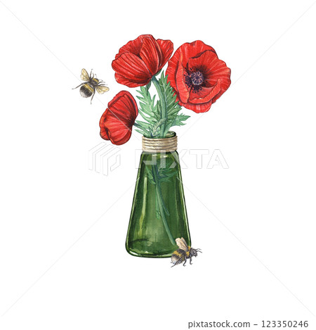 Watercolor red poppies in a green glass vase isolated on a white background. Illustration of Provence flowers. Rural composition. Bumblebees near plant. Botany. Suitable for cozy designs, flower shop. Watercolor red poppies in a green glass vase isolated on a white background. Illustration of Provence flowers. Rural composition. Bumblebees near plant. Botany. Suitable for cozy designs, flower shop. 123350246