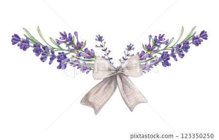 A bouquet of lavender with a linen bow. Watercolor illustration of Provence flowers. French style. For the label. A botanical image of lavender. Suitable for postcards, design, printing, packaging. 123350250
