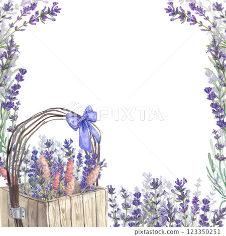 A square frame with a lavender basket and a place for text. Watercolor illustration of Provence flowers. French style. Aromatherapy. Botanical illustration of flowers. Suitable for postcards, package. 123350251