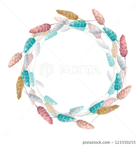 A round frame made of dried flowers. Watercolor illustration of dried flowers. Herbarium. Botanical plants. French style. A wreath with a place for the text. Suitable for postcards, booklets, package. 123350255