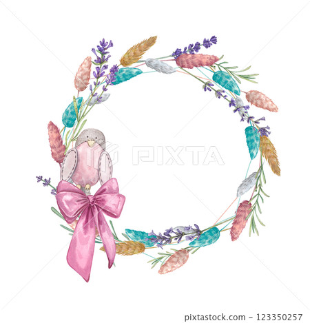 A round frame of dried flowers and lavender decorated with a bow and a bird. Watercolor illustration of botanical plants. French style. A wreath with a place for the text. Suitable for postcards. A round frame of dried flowers and lavender decorated with a bow and a bird. Watercolor illustration of botanical plants. French style. A wreath with a place for the text. Suitable for postcards. 123350257