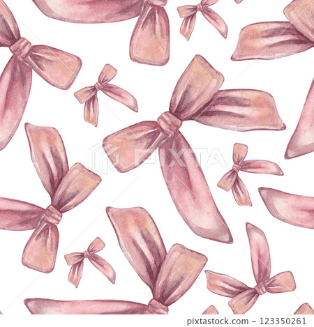 The pattern is seamless with pink bows on a white background. Watercolor illustration of a hair bow. baby shower. For a girl. Suitable for packaging, flower shops, children's goods, clothes. The pattern is seamless with pink bows on a white background. Watercolor illustration of a hair bow. baby shower. For a girl. Suitable for packaging, flower shops, children's goods, clothes. 123350261