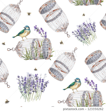 Seamless pattern of decorative bird cage and lavender flowers on a white background. Watercolor illustration of Provence flowers. Vintage. The botanical pattern. Suitable for packaging, flower shops. Seamless pattern of decorative bird cage and lavender flowers on a white background. Watercolor illustration of Provence flowers. Vintage. The botanical pattern. Suitable for packaging, flower shops. 123350262