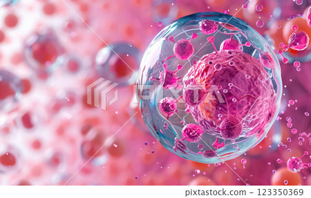 highly detailed view of pink and purple cells with intricate structures and membranes, floating in a glowing, fluid environment, representing growth and development 123350369