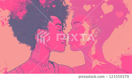 illustration of loving couple surrounded by pink hearts, gentle affection and unity highlight romance and LGBTQ love, two gay lesbian women hugging and kissing, lgbt romantic illustration 123350379