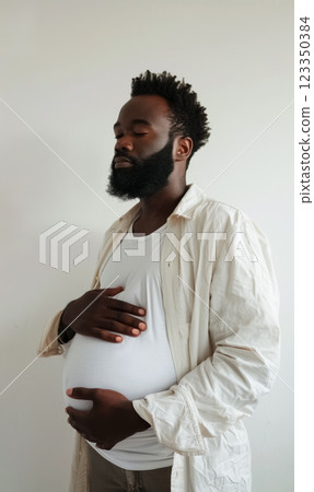 young black african american man with pregnant belly, male pregnancy and paternity concept 123350384