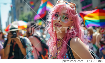 young queer woman with pink vibrant hair celebrating pride parade, gay or lesbian person with rainbow colors signs and vivid makeup 123350386