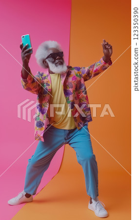 senior black african american man taking selfie photo at colorful background, stylish old man with smartphone making photo of himself, elder people and technology concept 123350390