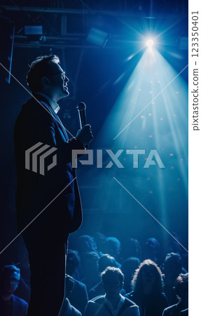 silhouette of man person holding microphone on stage, backlit by blue light. The crowd watches in anticipation, creating a dramatic and intense atmosphere 123350401