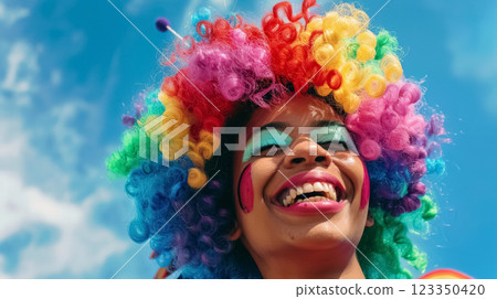 happy vibrant lgbt person celebrating pride at love parade, smiling woman with a vivid rainbow hair and glittery makeup, glowing under bright sunlight at colorful festival 123350420