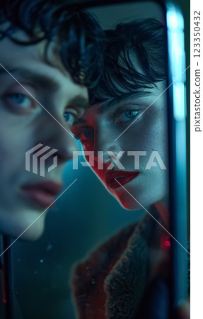 mirror reflection of young stylish couple of man and woman, mysterious gaze and and cold serious faces, cinematic light 123350432