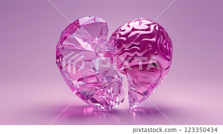 A striking visual of a pink crystal heart fused with a brain, symbolizing the balance between emotions and intellect, the fragility of love, and the beauty of inner conflict A striking visual of a pink crystal heart fused with a brain, symbolizing the balance between emotions and intellect, the fragility of love, and the beauty of inner conflict 123350434